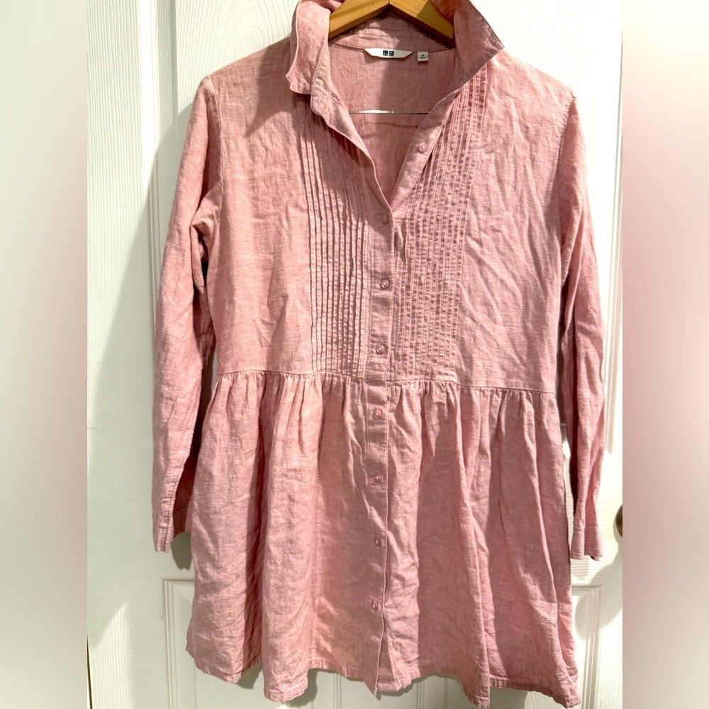 Uniqlo Women's Light Pink Button-Down Shirt Linen Cotton Blend